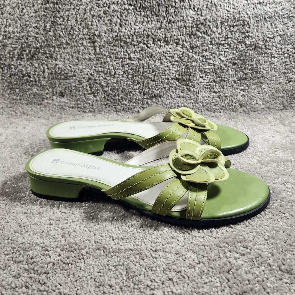 Etienne Aigner Helga Sandals Green Leather Floral Slide Low Block Heel Womens 7 - Picture 6 of 10